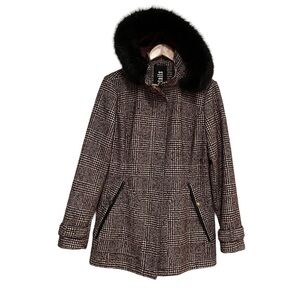 INTL DETAILS  Burgundy/Black Plaid Coat with Detachable Faux Fur Hood Sz S